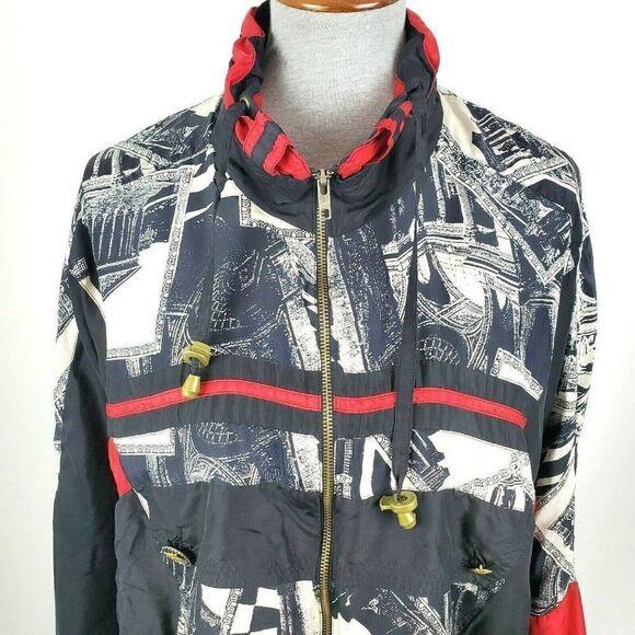 Vintage 80s 90s Black Red Studio Art Print Silk Track Jacket Windbreaker Sz S - Picture 2 of 9
